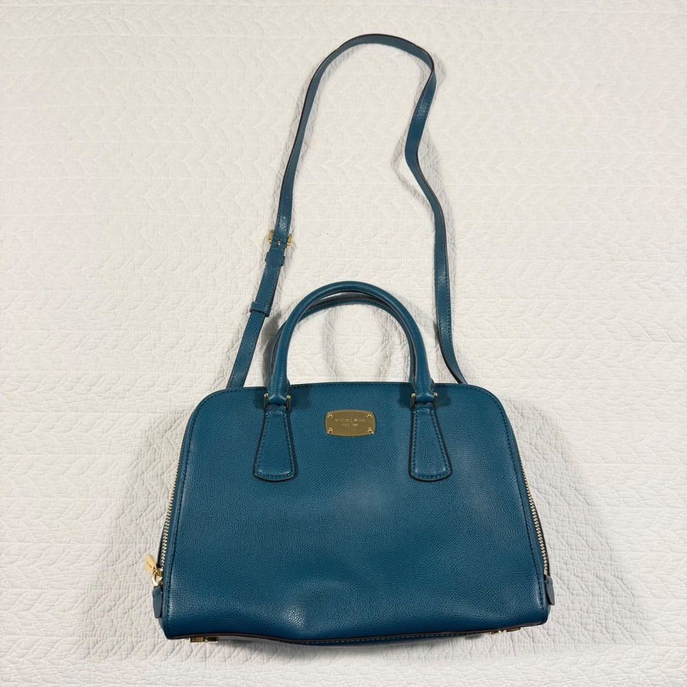 Michael Kors Savannah Women Satchel Medium Saffiano Leather Blue Teal EUC